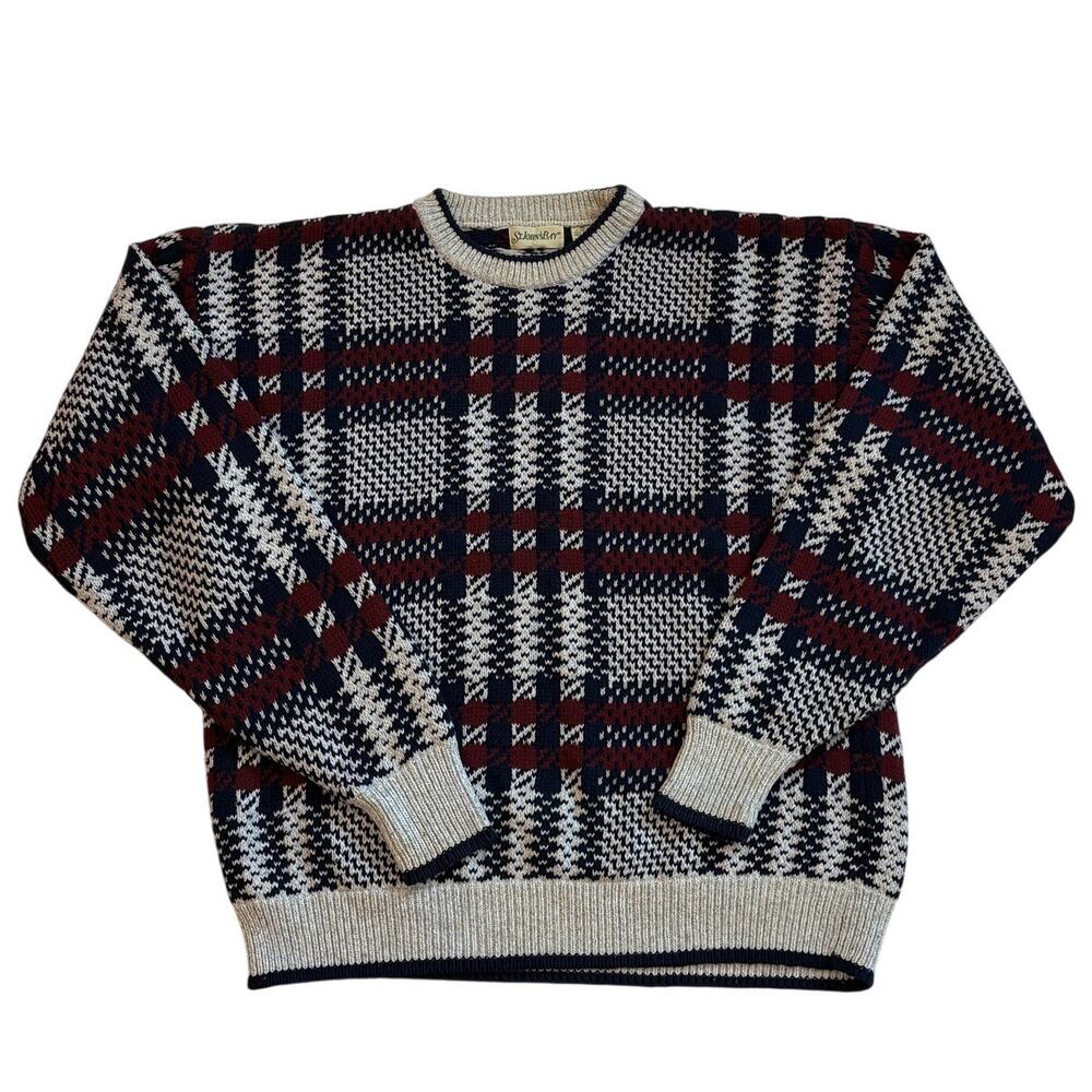 Vtg St Johns Bay Dad Sweater Men Sz Large Tall Blue Plaid Crew Neck Pullover 90s